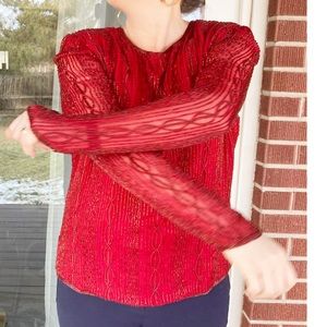 VTG LAURENCE KAZAR 💯 Silk Beaded RED long Sleeve crew neck blouse SZ: Large